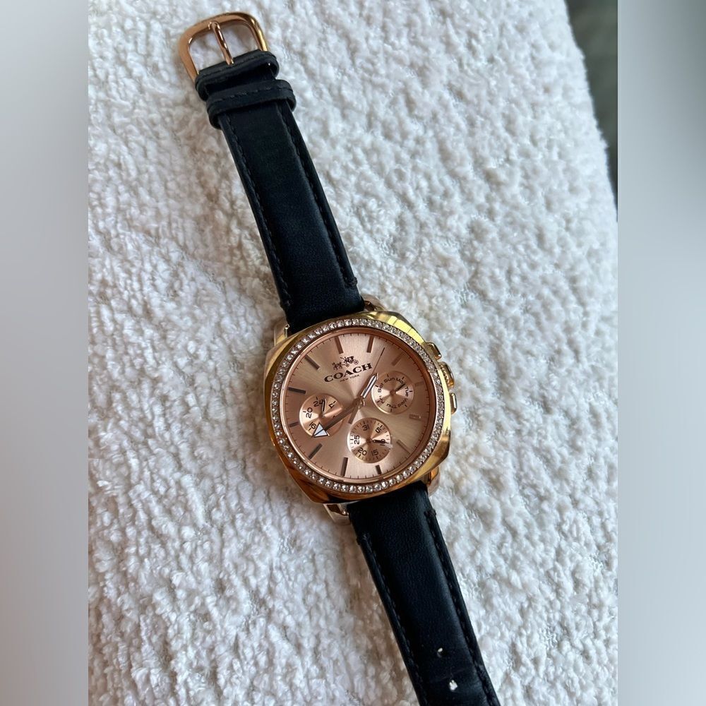 Coach Black Leather Watch, Rose Gold